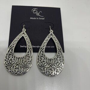 E&L Sterling Silver Electroform Filagree Drop Dangle Earrings 2.5 inches long